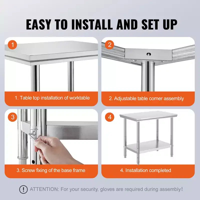 Mesa de preparación de acero inoxidable, 900x600x800 mm, 700 libras de capacidad de carga, mesa de trabajo de metal de servicio pesado con 3 niveles de altura ajustables, plateado