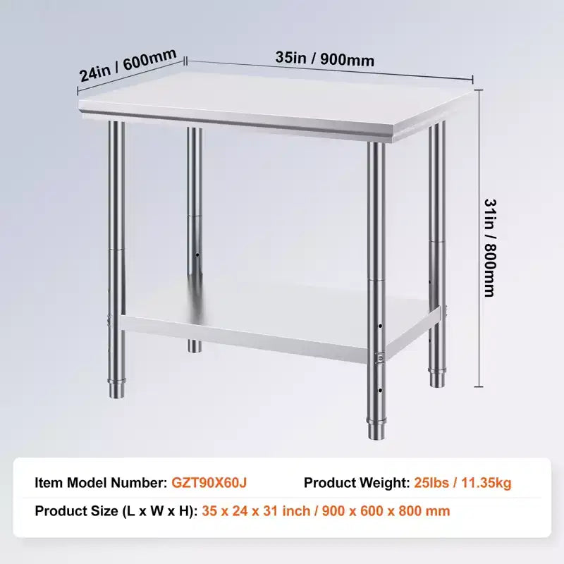 Mesa de preparación de acero inoxidable, 900x600x800 mm, 700 libras de capacidad de carga, mesa de trabajo de metal de servicio pesado con 3 niveles de altura ajustables, plateado