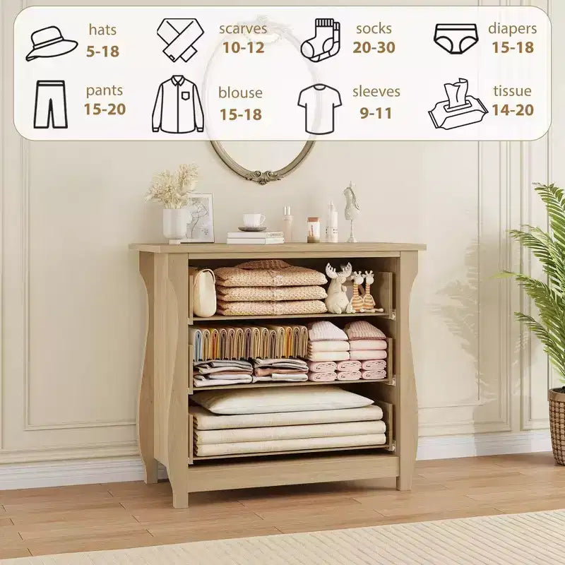 Cómoda Boho de 3 cajones con detalles de ratán - Armario de almacenamiento independiente con patas curvas para dormitorio o sala de estar