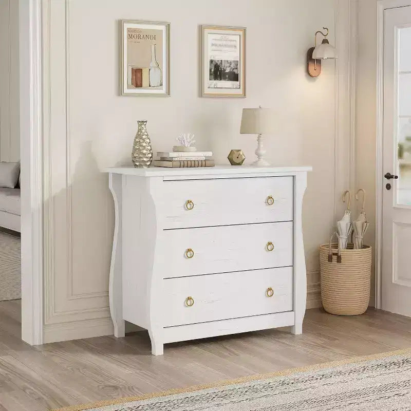 Cómoda Boho de 3 cajones con detalles de ratán - Armario de almacenamiento independiente con patas curvas para dormitorio o sala de estar