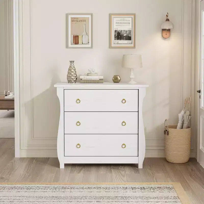 Cómoda Boho de 3 cajones con detalles de ratán - Armario de almacenamiento independiente con patas curvas para dormitorio o sala de estar