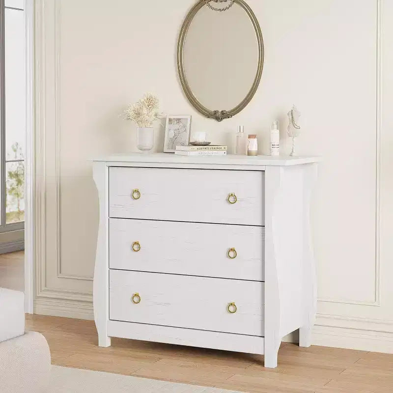 30 Boho 3-Drawer Dresser with Rattan Accents - Freestanding Storage Cabinet with Curved Legs for Bedroom or Living Room