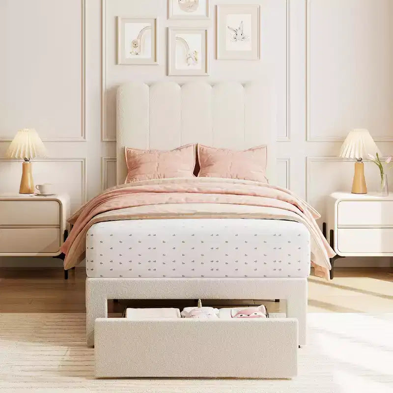 Base de cama individual con cajón inferior, cama tapizada tipo plataforma con cabecero ondulado para niños/niñas, soporte de lamas de madera, no necesita somier