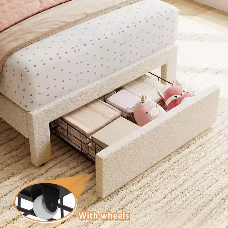 Base de cama individual con cajón inferior, cama tapizada tipo plataforma con cabecero ondulado para niños/niñas, soporte de lamas de madera, no necesita somier