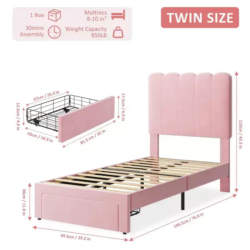 Base de cama individual con cajón inferior, cama tapizada tipo plataforma con cabecero ondulado para niños/niñas, soporte de lamas de madera, no necesita somier