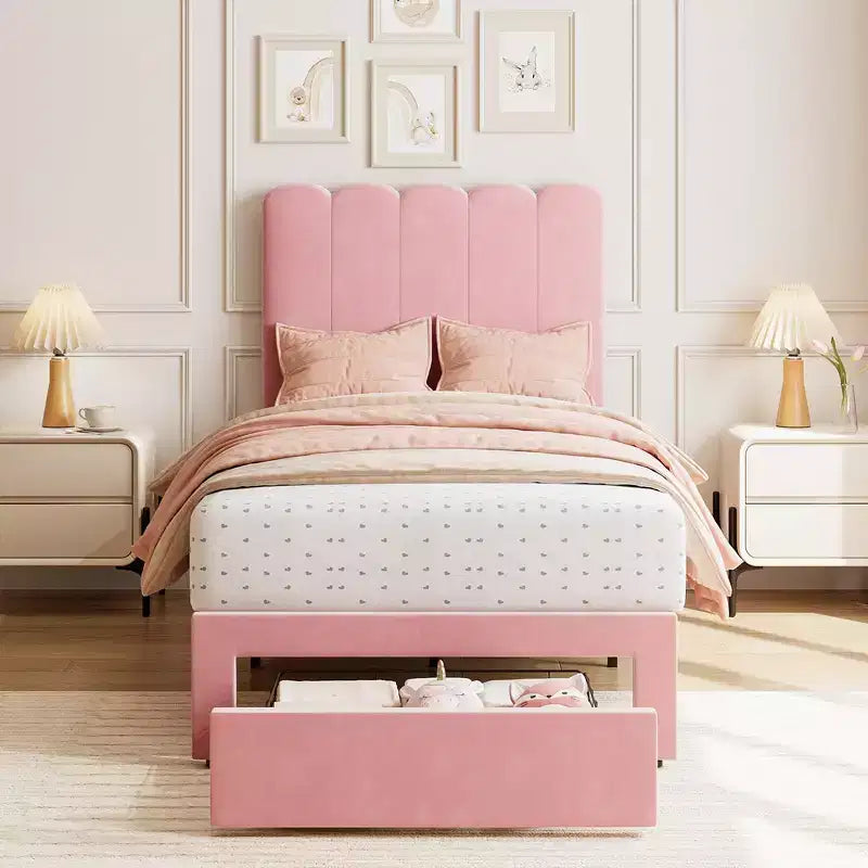 Base de cama individual con cajón inferior, cama tapizada tipo plataforma con cabecero ondulado para niños/niñas, soporte de lamas de madera, no necesita somier