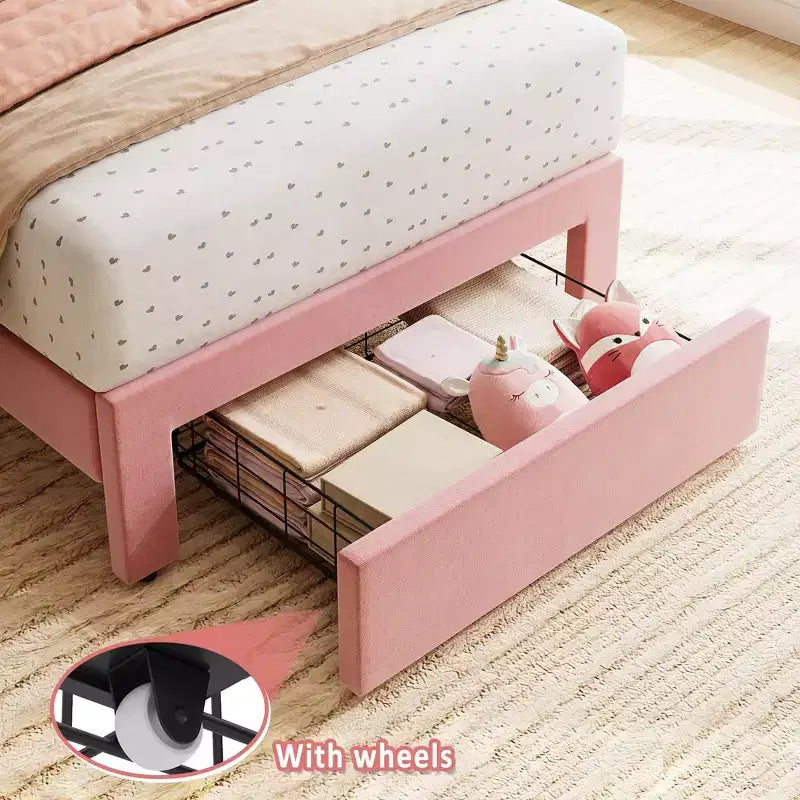 Base de cama individual con cajón inferior, cama tapizada tipo plataforma con cabecero ondulado para niños/niñas, soporte de lamas de madera, no necesita somier