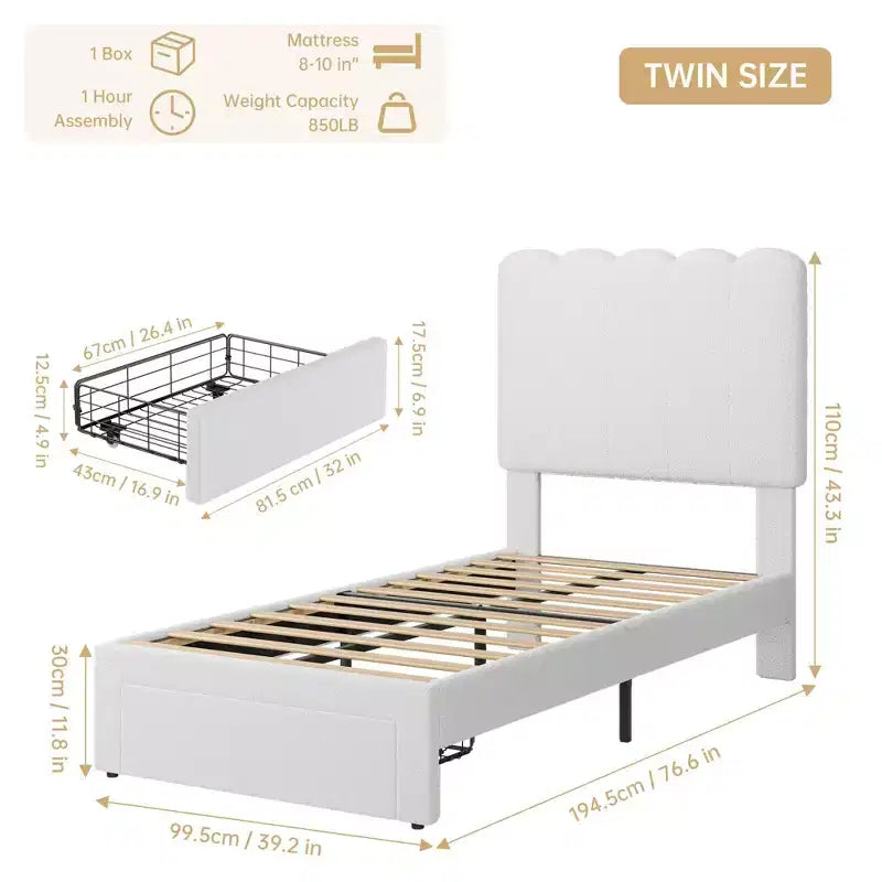Base de cama individual con cajón inferior, cama tapizada tipo plataforma con cabecero ondulado para niños/niñas, soporte de lamas de madera, no necesita somier