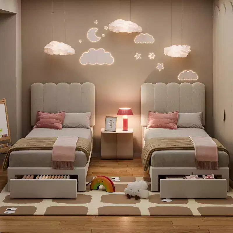 Base de cama individual con cajón inferior, cama tapizada tipo plataforma con cabecero ondulado para niños/niñas, soporte de lamas de madera, no necesita somier