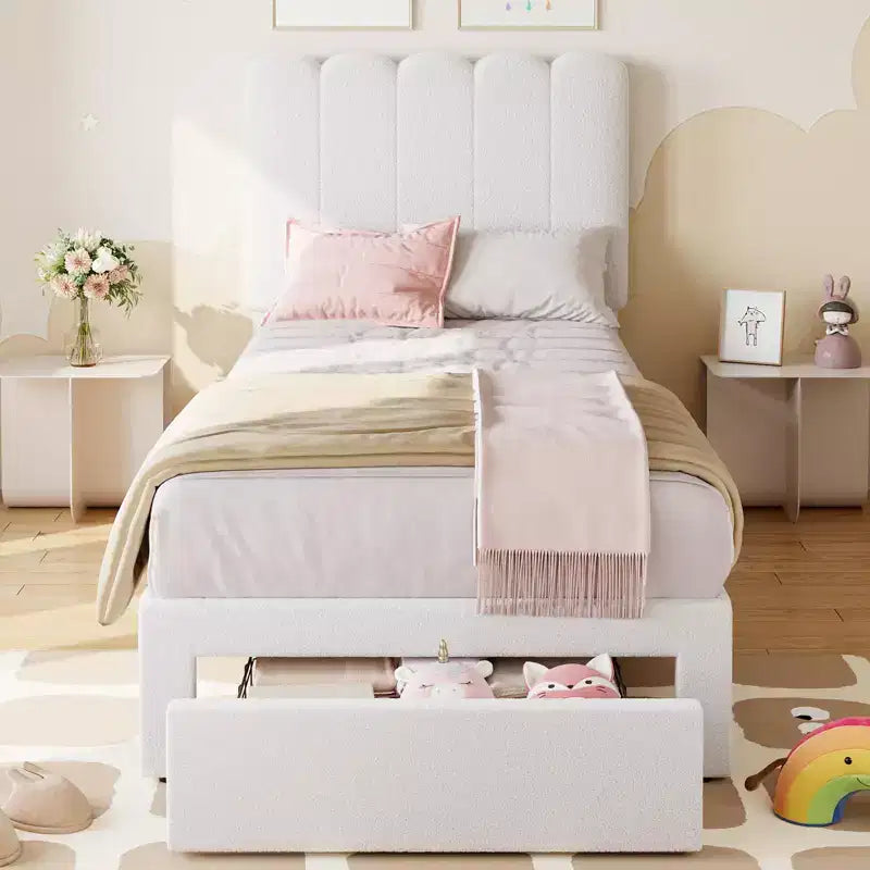 Base de cama individual con cajón inferior, cama tapizada tipo plataforma con cabecero ondulado para niños/niñas, soporte de lamas de madera, no necesita somier