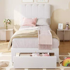 Base de cama individual con cajón inferior, cama tapizada tipo plataforma con cabecero ondulado para niños/niñas, soporte de lamas de madera, no necesita somier
