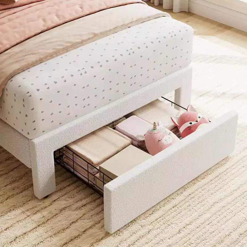 Base de cama individual con cajón inferior, cama tapizada tipo plataforma con cabecero ondulado para niños/niñas, soporte de lamas de madera, no necesita somier