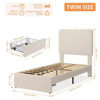 Base de cama individual con cajón inferior, cama tapizada tipo plataforma con cabecero ondulado para niños/niñas, soporte de lamas de madera, no necesita somier