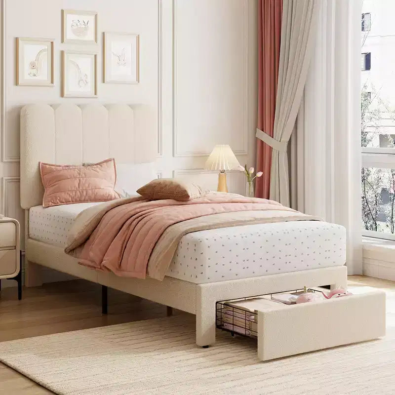 Base de cama individual con cajón inferior, cama tapizada tipo plataforma con cabecero ondulado para niños/niñas, soporte de lamas de madera, no necesita somier