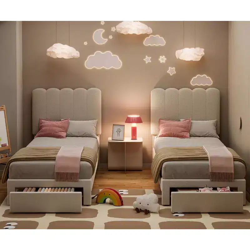 Base de cama individual con cajón inferior, cama tapizada tipo plataforma con cabecero ondulado para niños/niñas, soporte de lamas de madera, no necesita somier