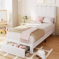 Twin Bed Frame with Under-Bed Drawer, Upholstered Platform Bed with Wave Headboard for Kids/Girls, Wooden Slats Support, No Box Spring Needed