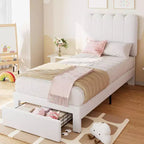 Twin Bed Frame with Under-Bed Drawer, Upholstered Platform Bed with Wave Headboard for Kids/Girls, Wooden Slats Support, No Box Spring Needed