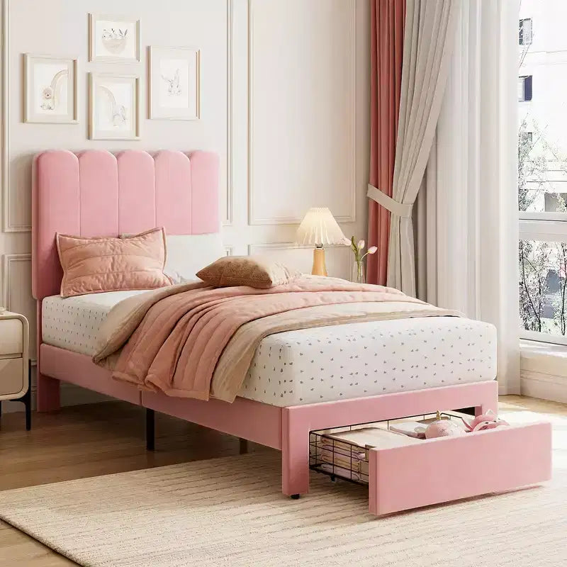 Base de cama individual con cajón inferior, cama tapizada tipo plataforma con cabecero ondulado para niños/niñas, soporte de lamas de madera, no necesita somier