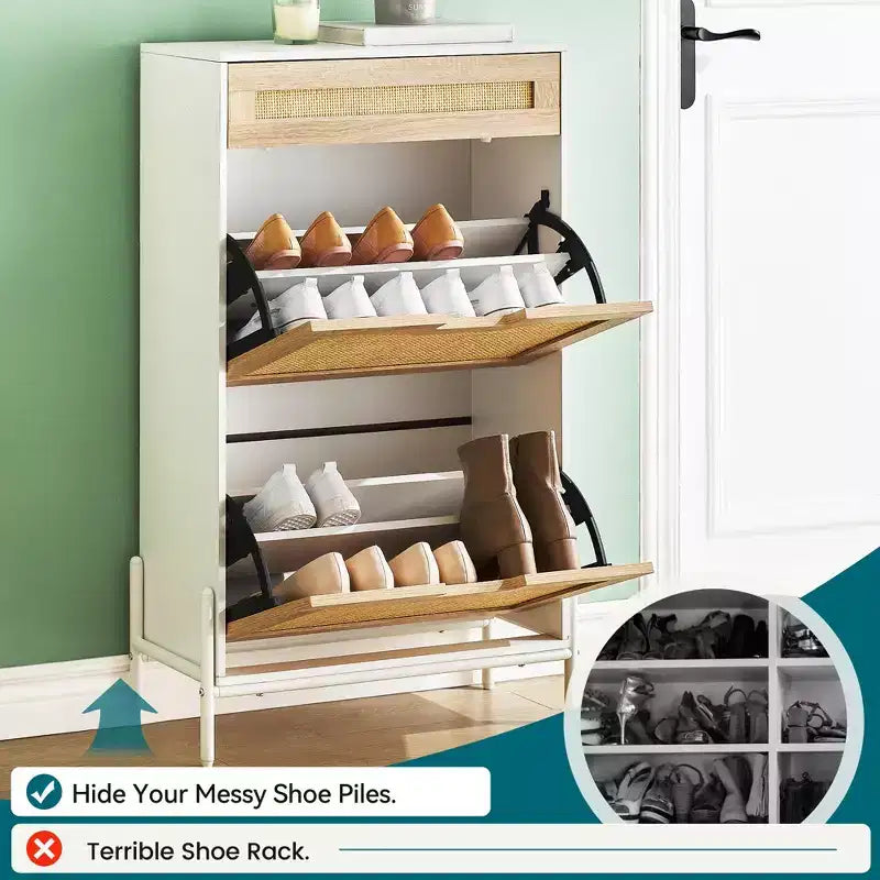 Zapatero con 2 Cajones Abatibles, Organizador de Zapatos de Ratán Natural con Patas Metálicas y Estante Ajustable