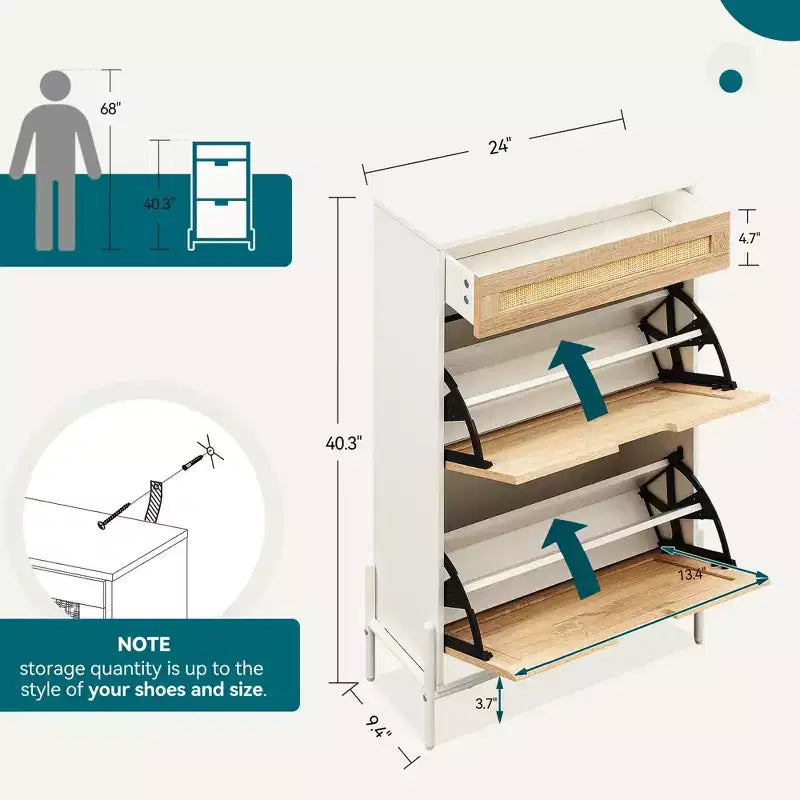 Zapatero con 2 Cajones Abatibles, Organizador de Zapatos de Ratán Natural con Patas Metálicas y Estante Ajustable