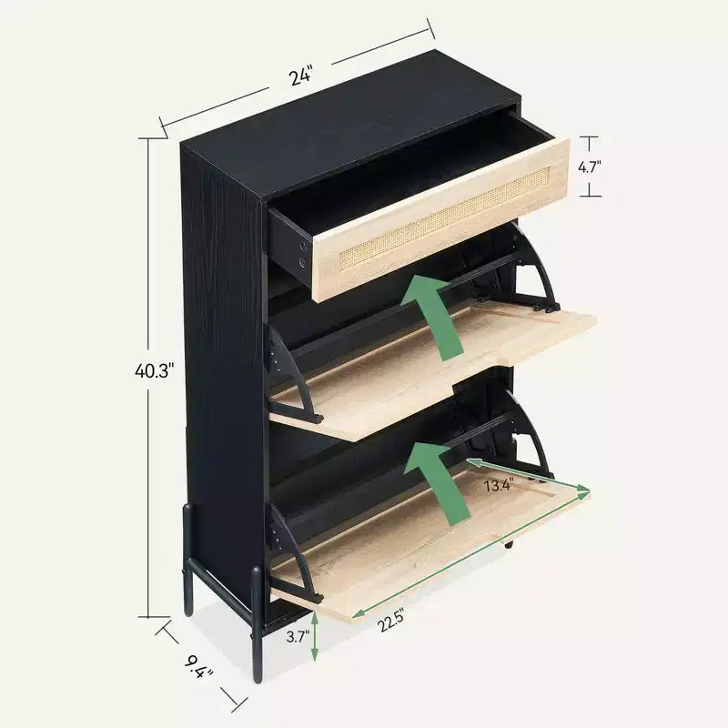 Zapatero con 2 Cajones Abatibles, Organizador de Zapatos de Ratán Natural con Patas Metálicas y Estante Ajustable