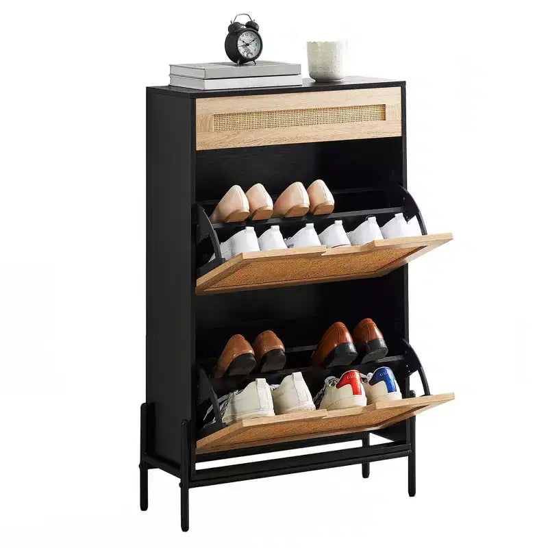 Zapatero con 2 Cajones Abatibles, Organizador de Zapatos de Ratán Natural con Patas Metálicas y Estante Ajustable