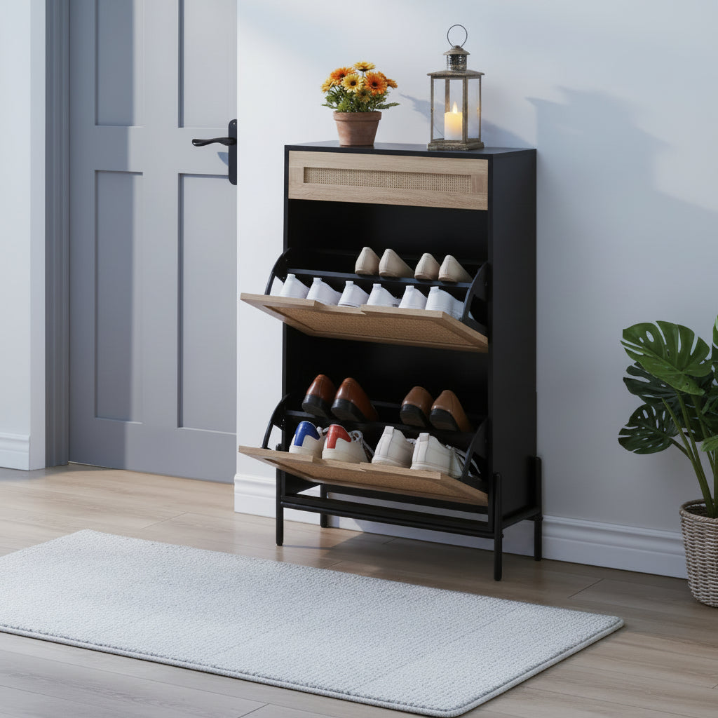Zapatero con 2 Cajones Abatibles, Organizador de Zapatos de Ratán Natural con Patas Metálicas y Estante Ajustable