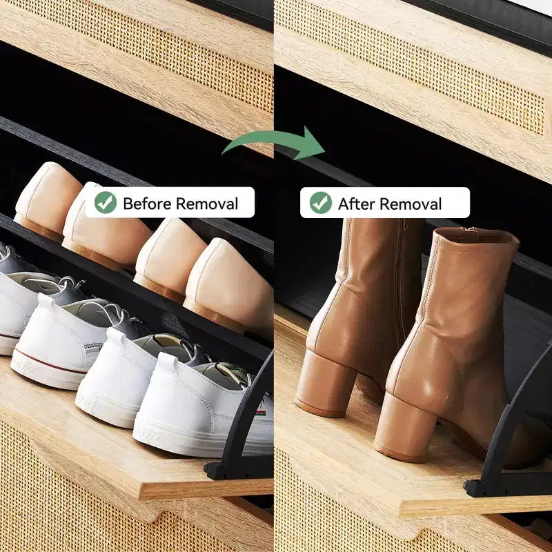 Zapatero con 2 Cajones Abatibles, Organizador de Zapatos de Ratán Natural con Patas Metálicas y Estante Ajustable