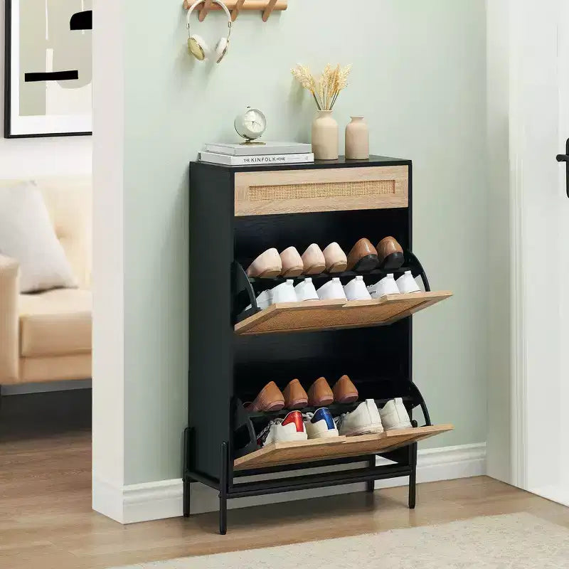Shoe Storage Cabinet with 2 Flip Drawers, Natural Rattan Shoe Organizer with Metal Legs and Adjustable Shelf
