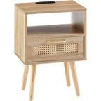 Acekool Mesita de noche moderna de ratán con cajón, mesita de noche de madera natural con carga USB y toma de corriente para dormitorio y sala de estar