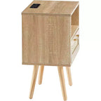 Acekool Mesita de noche moderna de ratán con cajón, mesita de noche de madera natural con carga USB y toma de corriente para dormitorio y sala de estar