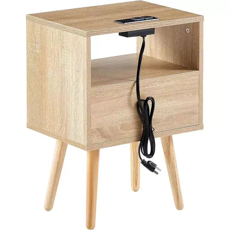Acekool Mesita de noche moderna de ratán con cajón, mesita de noche de madera natural con carga USB y toma de corriente para dormitorio y sala de estar