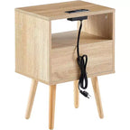 Acekool Mesita de noche moderna de ratán con cajón, mesita de noche de madera natural con carga USB y toma de corriente para dormitorio y sala de estar