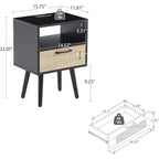 Acekool Mesita de noche moderna de ratán con cajón, mesita de noche de madera natural con carga USB y toma de corriente para dormitorio y sala de estar