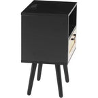 Acekool Mesita de noche moderna de ratán con cajón, mesita de noche de madera natural con carga USB y toma de corriente para dormitorio y sala de estar