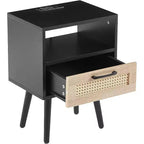 Acekool Mesita de noche moderna de ratán con cajón, mesita de noche de madera natural con carga USB y toma de corriente para dormitorio y sala de estar