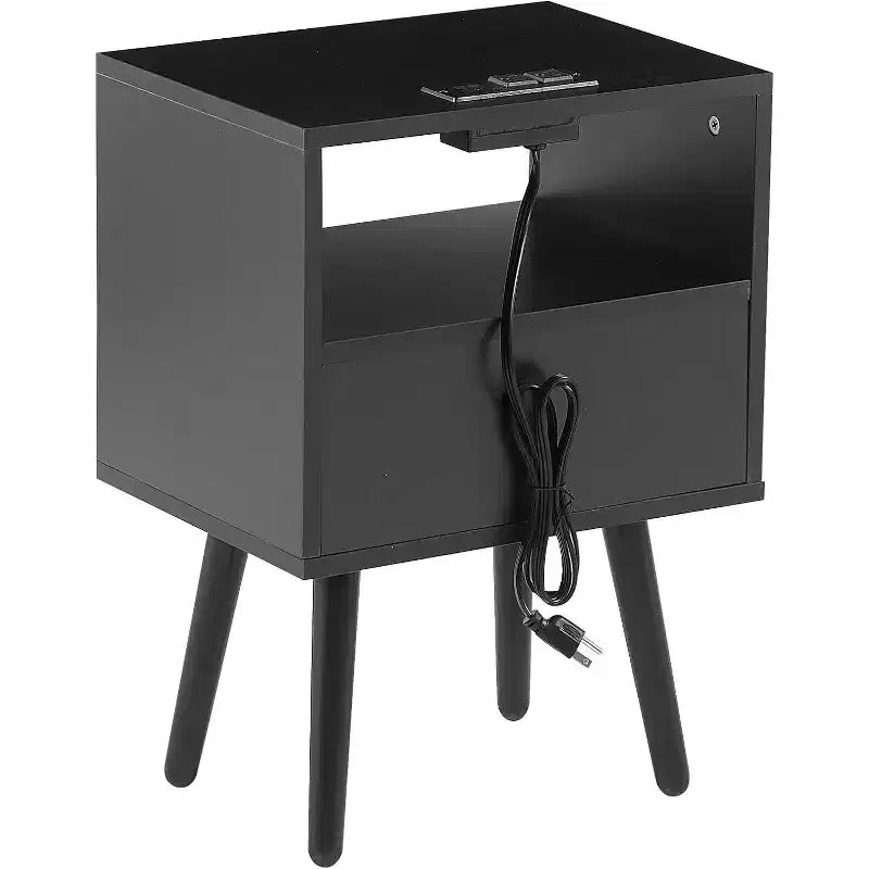 Acekool Mesita de noche moderna de ratán con cajón, mesita de noche de madera natural con carga USB y toma de corriente para dormitorio y sala de estar