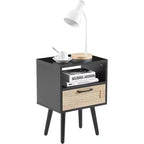 Acekool Mesita de noche moderna de ratán con cajón, mesita de noche de madera natural con carga USB y toma de corriente para dormitorio y sala de estar