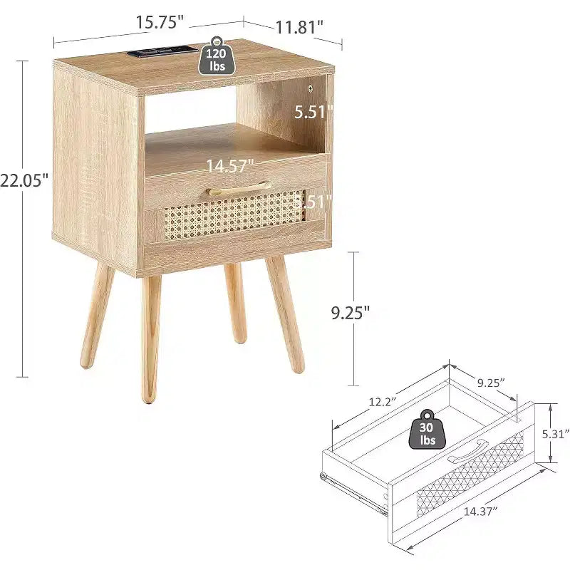 Acekool Mesita de noche moderna de ratán con cajón, mesita de noche de madera natural con carga USB y toma de corriente para dormitorio y sala de estar