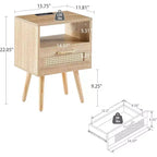 Acekool Mesita de noche moderna de ratán con cajón, mesita de noche de madera natural con carga USB y toma de corriente para dormitorio y sala de estar