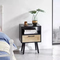 Acekool Modern Rattan Nightstand with Drawer, Natural Wood Bedside Table with USB Charging and Power Outlet for Bedroom and Living Room
