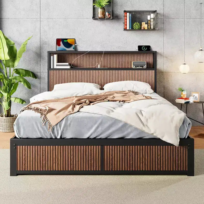 Base de cama GDFStudio Lewis moderna tamaño queen con almacenamiento y 4 cajones