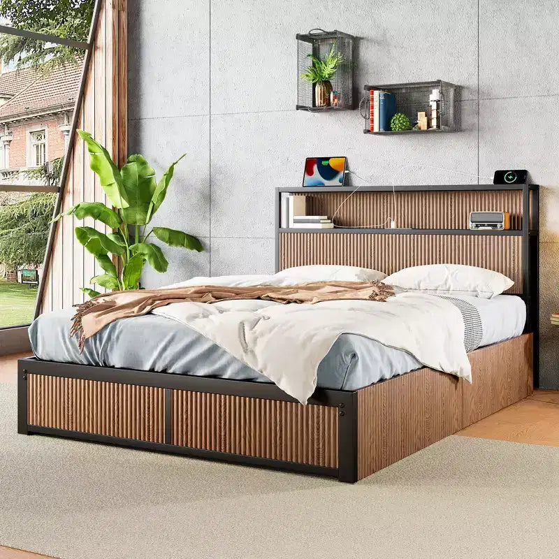 Base de cama GDFStudio Lewis moderna tamaño queen con almacenamiento y 4 cajones