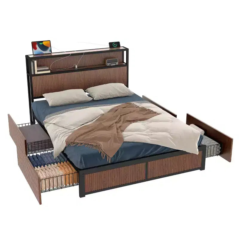 Base de cama GDFStudio Lewis moderna tamaño queen con almacenamiento y 4 cajones