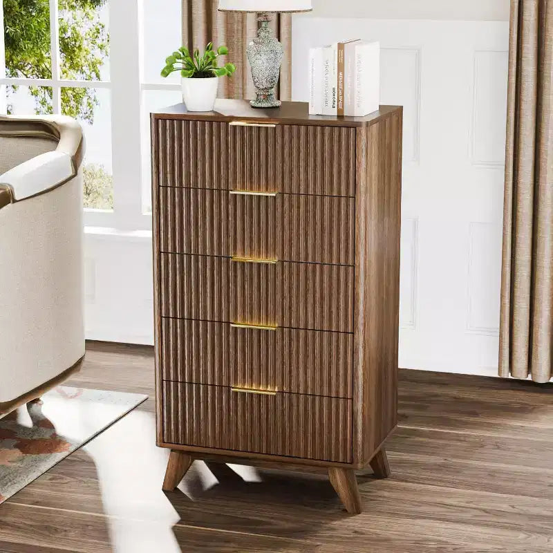 Karl Home 5-Drawer Brown Particle Board 23.7in. W Chest of Drawer