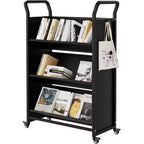 Book Cart, V-Shaped Metal Rolling Cart with 4 Lockable Wheels & Side Hooks, 3-Tier Storage Bookshelf for Home, Library, School, Office
