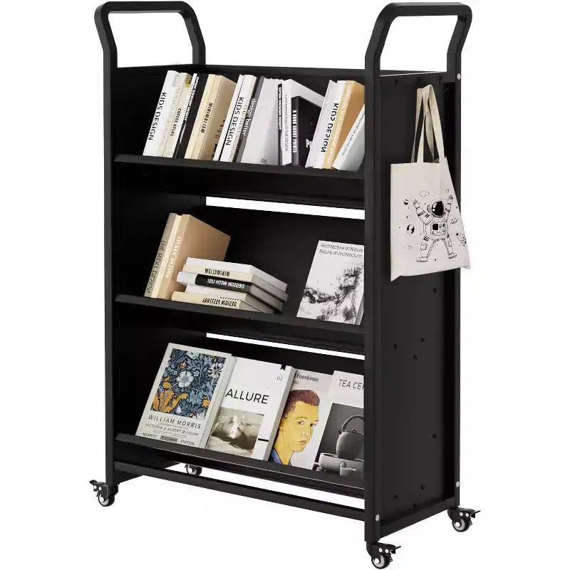 Book Cart, V-Shaped Metal Rolling Cart with 4 Lockable Wheels & Side Hooks, 3-Tier Storage Bookshelf for Home, Library, School, Office