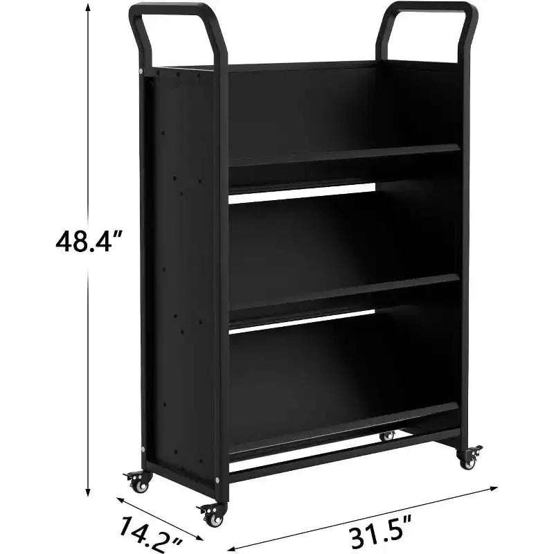 Carrito de libros, Carro rodante de metal en forma de V con 4 ruedas con bloqueo y ganchos laterales, Estantería de almacenamiento de 3 niveles para el hogar, la biblioteca, la escuela, la oficina
