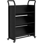 Carrito de libros, Carro rodante de metal en forma de V con 4 ruedas con bloqueo y ganchos laterales, Estantería de almacenamiento de 3 niveles para el hogar, la biblioteca, la escuela, la oficina