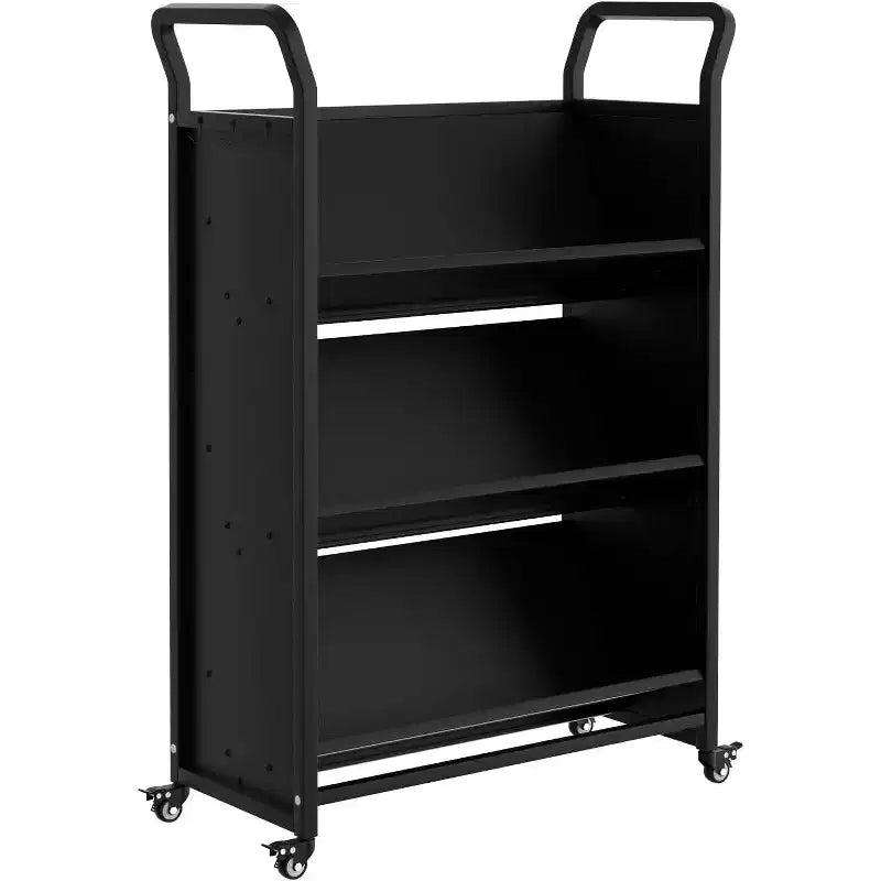 Carrito de libros, Carro rodante de metal en forma de V con 4 ruedas con bloqueo y ganchos laterales, Estantería de almacenamiento de 3 niveles para el hogar, la biblioteca, la escuela, la oficina